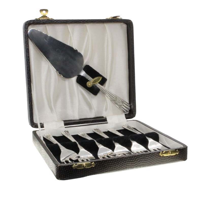 Cake Forks - Vintage EPNS Forks x 6. Pastry Lifter. Made in England. Original box (worn) - ML3426