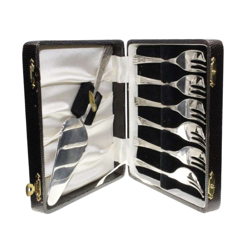 Cake Forks - Vintage EPNS Forks x 6. Pastry Lifter. Made in England. Original box (worn) - ML3426