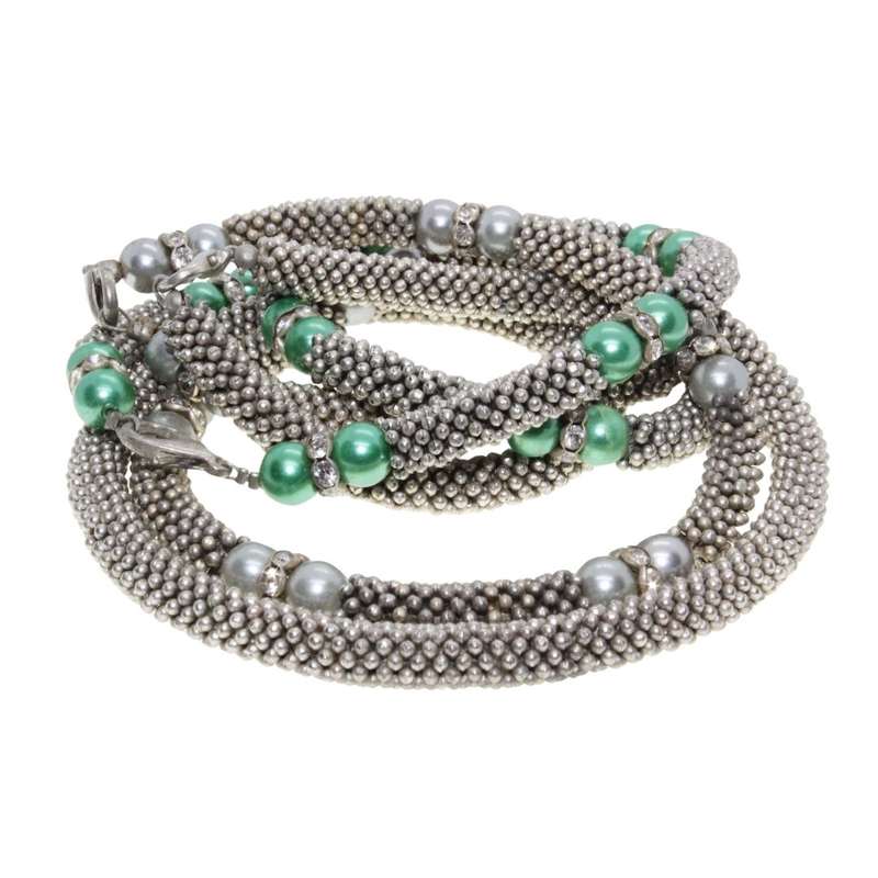 Necklaces - Silver Tone Mesh Necklace with Faux Pearls and Diamantes x 3. - ML3443