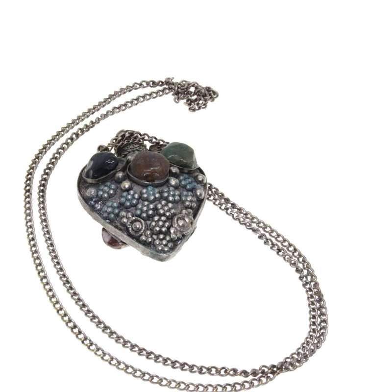 Necklace - Silver Tone Antique Perfume Bottle with gem stones and silver designs - ML3451