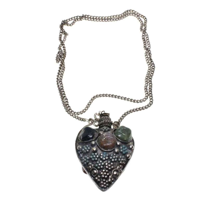 Necklace - Silver Tone Antique Perfume Bottle with gem stones and silver designs - ML3451