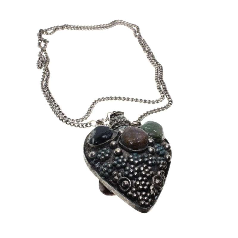 Necklace - Silver Tone Antique Perfume Bottle with gem stones and silver designs - ML3451