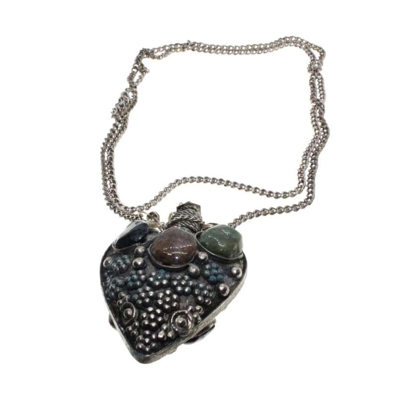 Necklace - Silver Tone Antique Perfume Bottle with gem stones and silver designs - ML3451