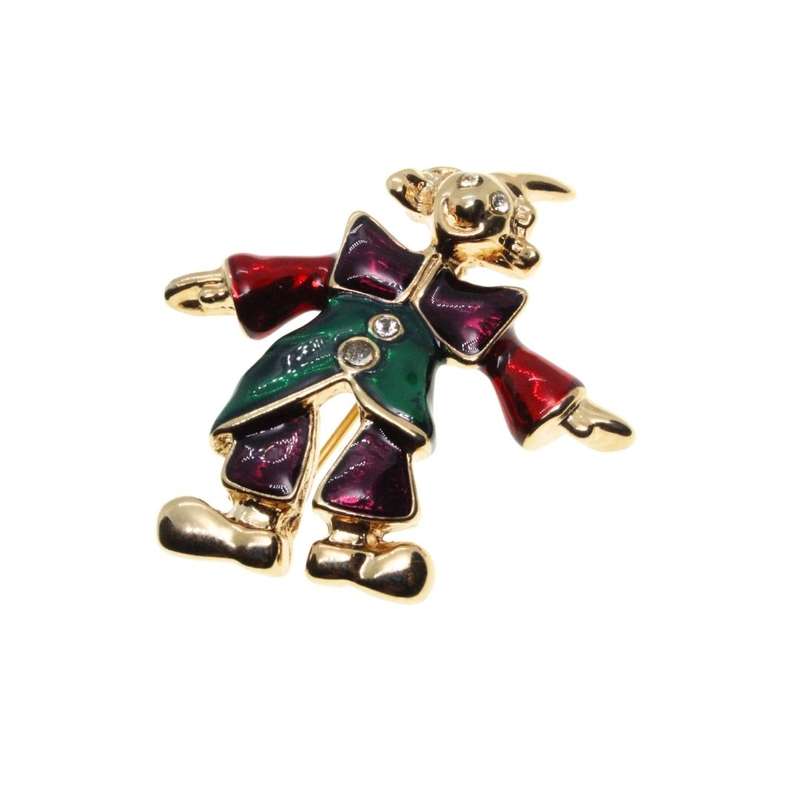 Brooch - Vintage Retro Gold Tone Coloured Enamel Clown Brooch. Rhinestone Eyes Buttons - ML3455
