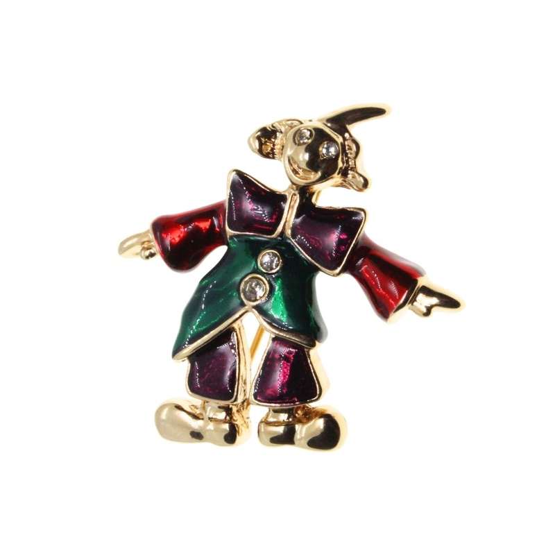 Brooch - Vintage Retro Gold Tone Coloured Enamel Clown Brooch. Rhinestone Eyes Buttons - ML3455