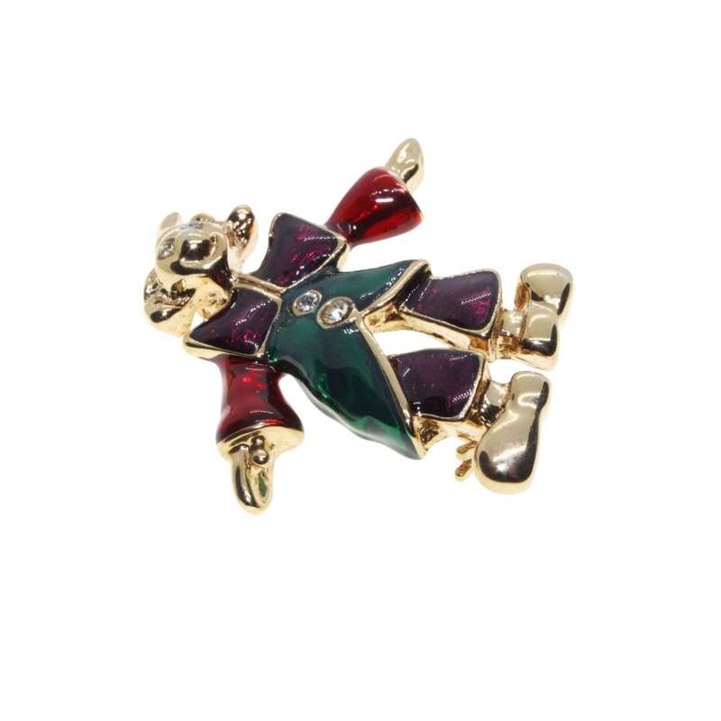 Brooch - Vintage Retro Gold Tone Coloured Enamel Clown Brooch. Rhinestone Eyes Buttons - ML3455