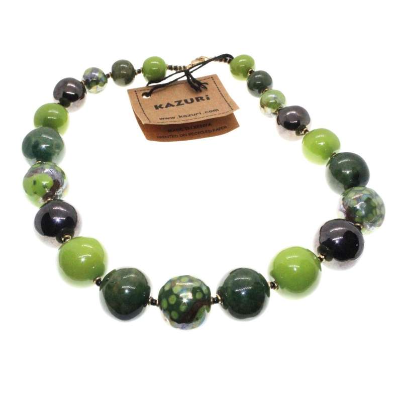 Necklace - Green Ceramic Beaded Necklace handmade and painted by Kenyan Women - ML3458