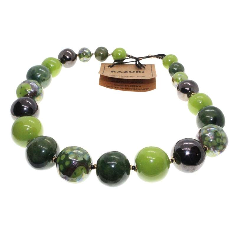 Necklace - Green Ceramic Beaded Necklace handmade and painted by Kenyan Women - ML3458