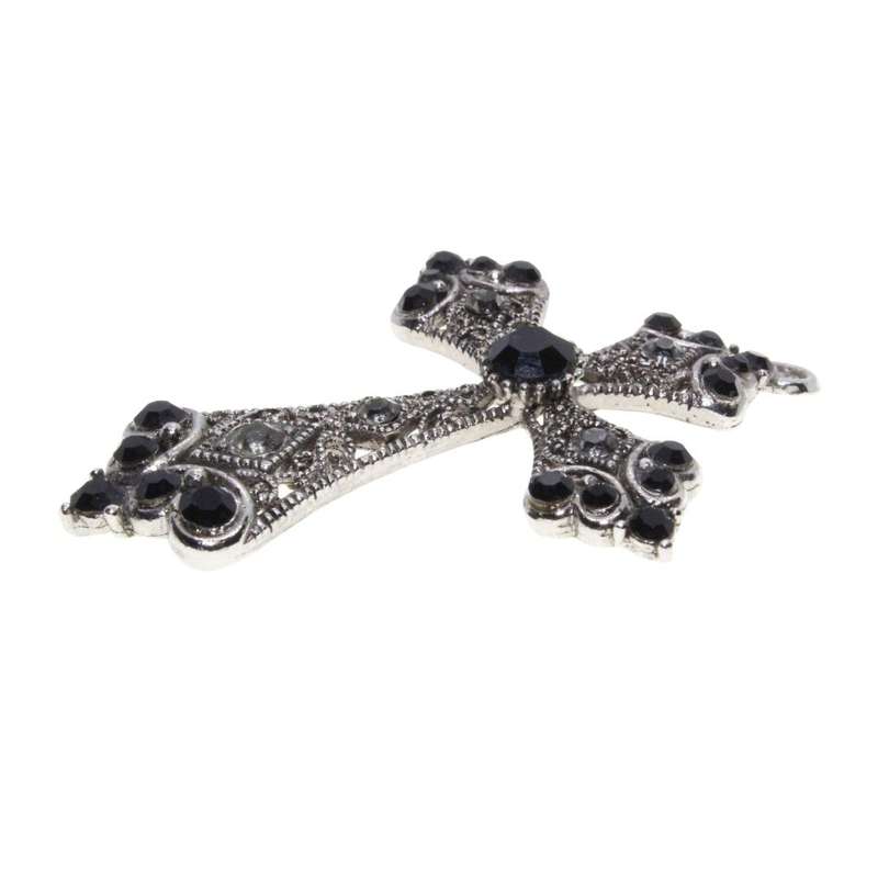 Pendant - Vintage Silver Tone Cross Pendant / Filigree and Rhinestones - ML3460