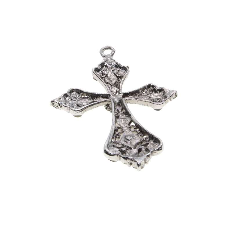 Pendant - Vintage Silver Tone Cross Pendant / Filigree and Rhinestones - ML3460