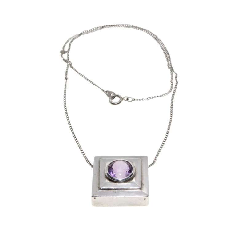 Necklace - Silver. Wear as Diamond or Square Style. Amathyst colour Stone in Cabochon. - ML3465