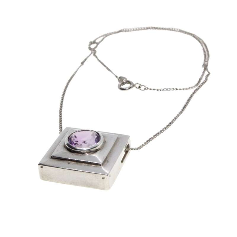Necklace - Silver. Wear as Diamond or Square Style. Amathyst colour Stone in Cabochon. - ML3465