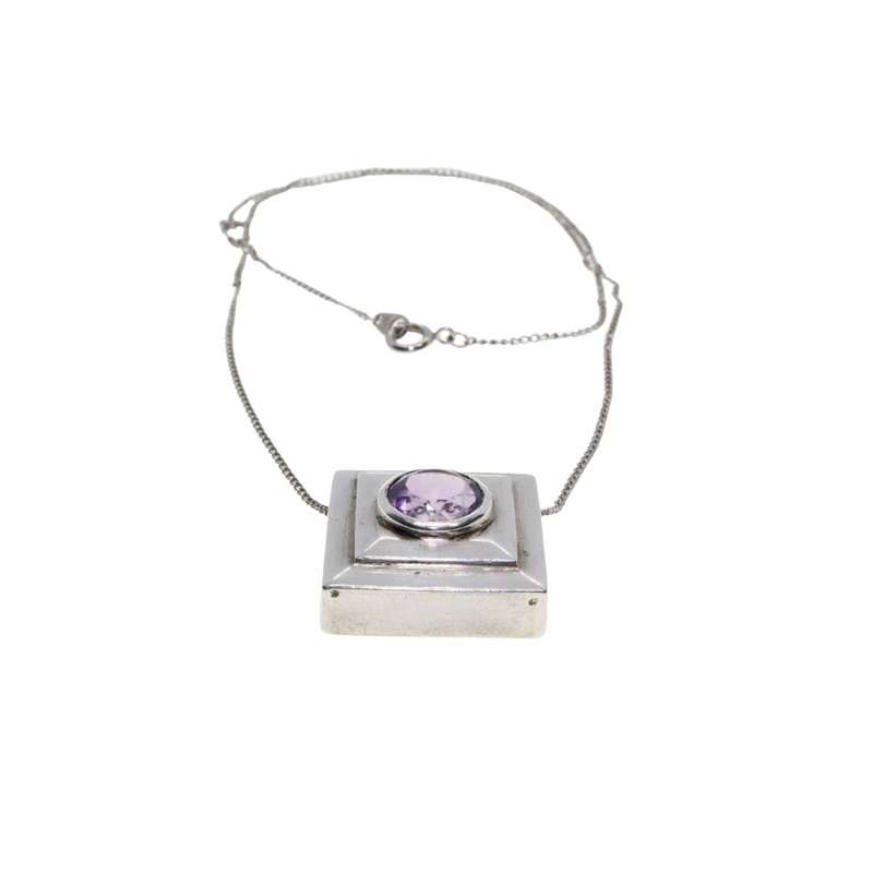Necklace - Silver. Wear as Diamond or Square Style. Amathyst colour Stone in Cabochon. - ML3465