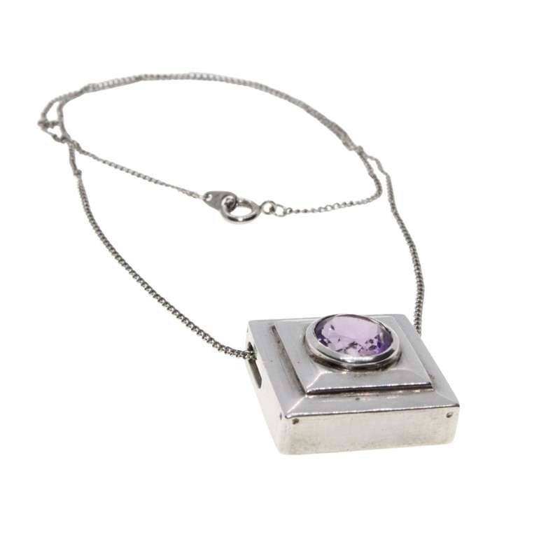 Necklace - Silver. Wear as Diamond or Square Style. Amathyst colour Stone in Cabochon. - ML3465