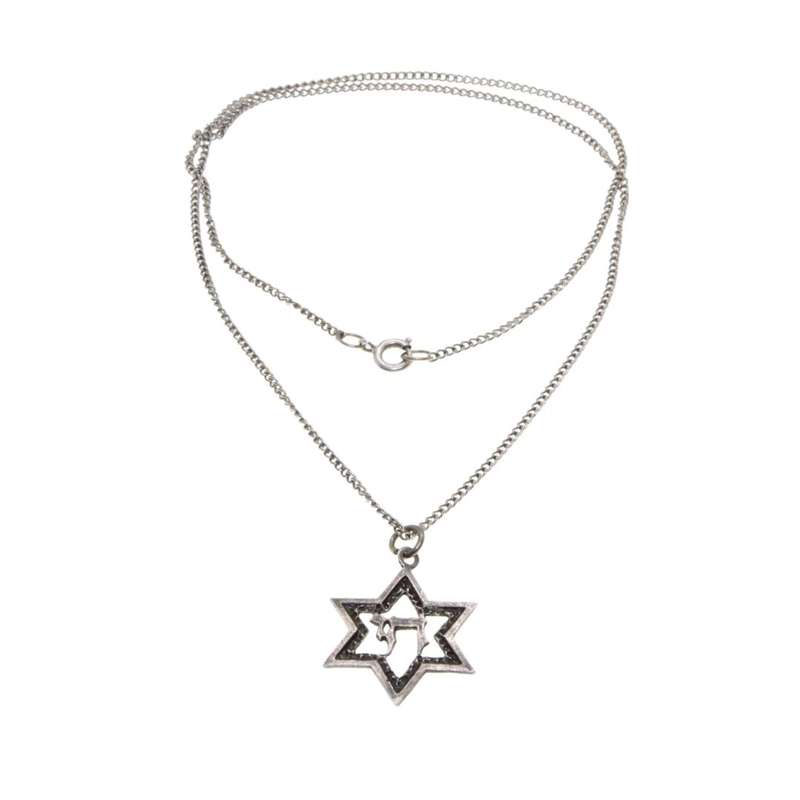 Pendant - Silver Tone Star of David with a Chai in the Centre . - ML3466