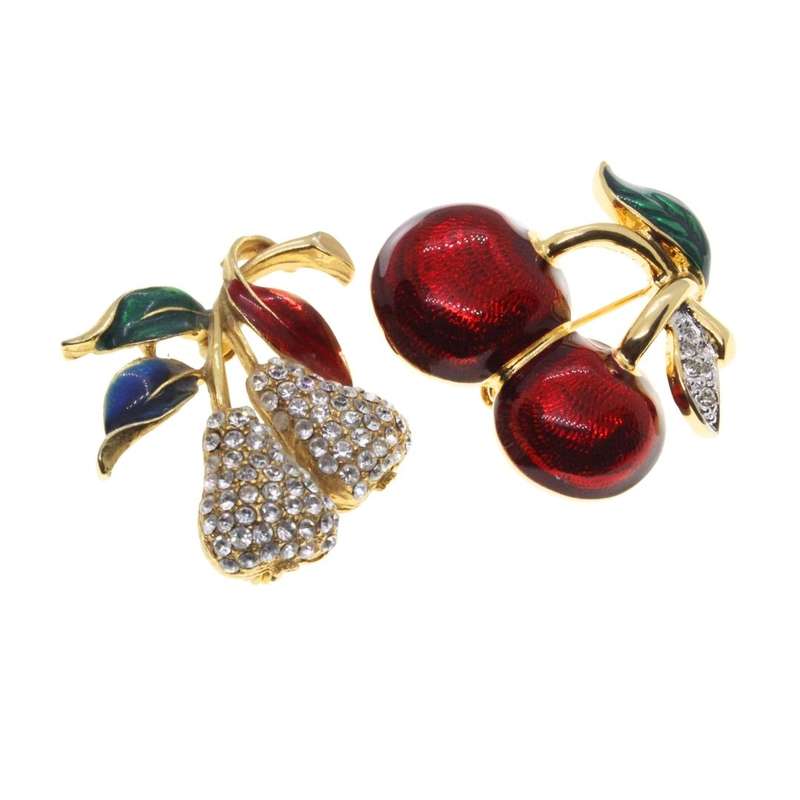 Brooches - Vintage Gold Tone Fruit Brooches each with Diamantes and Enamel Leaves and Fruit - ML3471