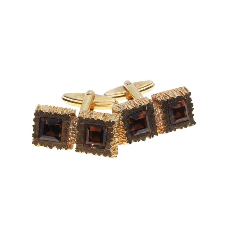 Cufflinks - Gold Tone Vintage Square Cufflinks. Rigid Texture. Copper Coloured Rhinestones - ML3474
