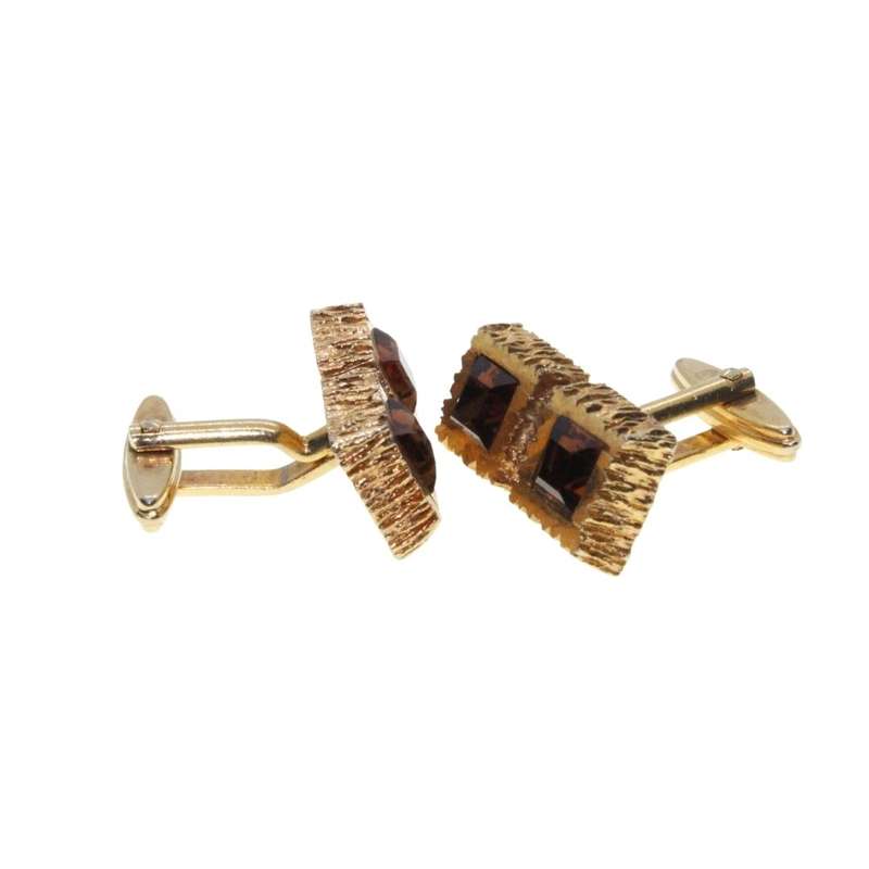 Cufflinks - Gold Tone Vintage Square Cufflinks. Rigid Texture. Copper Coloured Rhinestones - ML3474