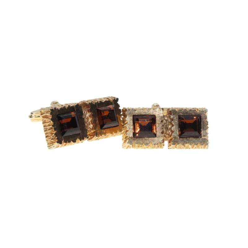 Cufflinks - Gold Tone Vintage Square Cufflinks. Rigid Texture. Copper Coloured Rhinestones - ML3474