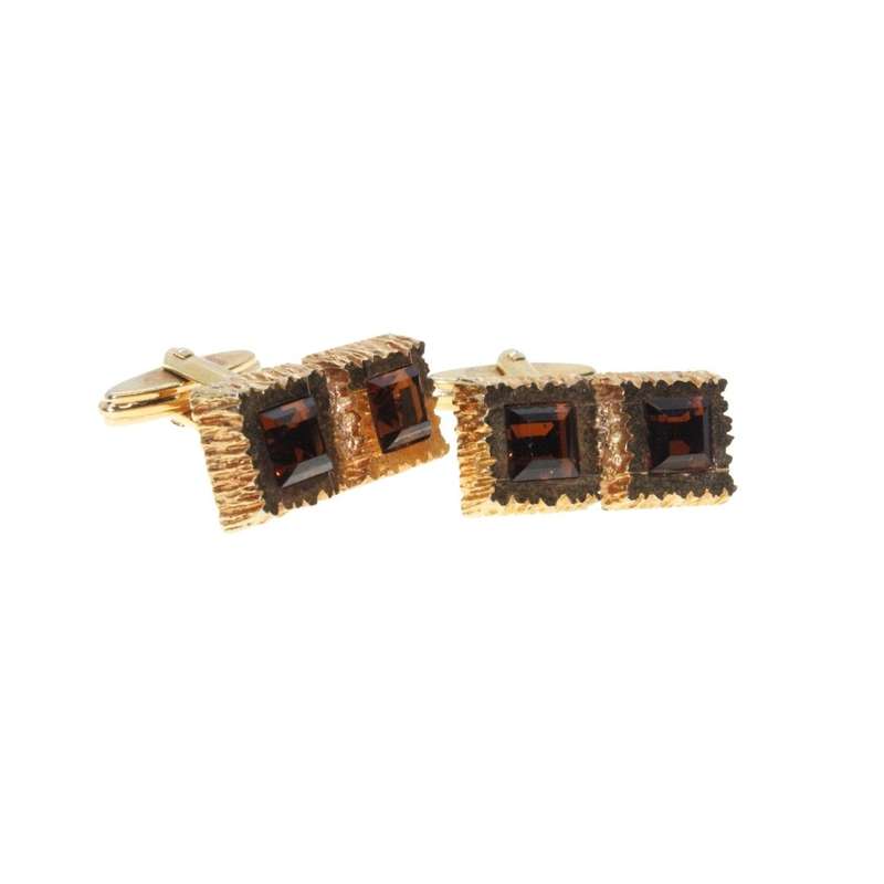Cufflinks - Gold Tone Vintage Square Cufflinks. Rigid Texture. Copper Coloured Rhinestones - ML3474