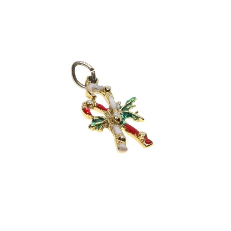Pendant - Vintage Gold Tone Christmas Candy Cane & Miseltoe Pendant. Red & Green Enamel - ML3477