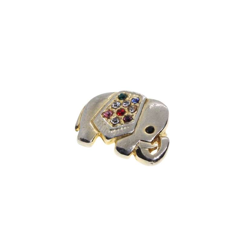 Brooch - Gold Tone Vintage Little Elephant Brooch. 10 x Assorted Coloured Diamantes - ML3478