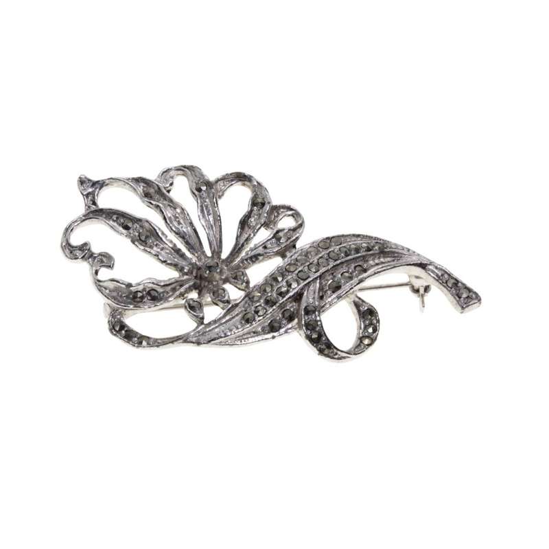 Brooch - Silver Tone Marcasite Brooch Flower and Leaf Design with Metallic Diamantes - ML3480