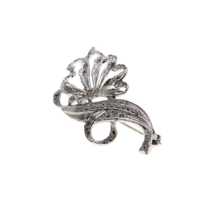 Brooch - Silver Tone Marcasite Brooch Flower and Leaf Design with Metallic Diamantes - ML3480