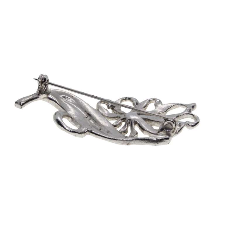 Brooch - Silver Tone Marcasite Brooch Flower and Leaf Design with Metallic Diamantes - ML3480