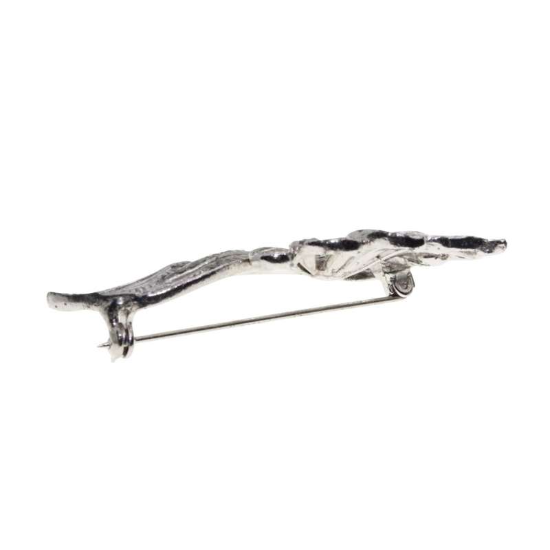 Brooch - Silver Tone Marcasite Brooch Flower and Leaf Design with Metallic Diamantes - ML3480
