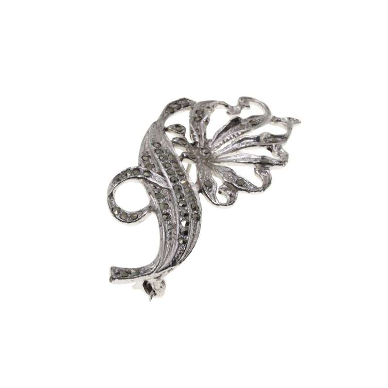 Brooch - Silver Tone Marcasite Brooch Flower and Leaf Design with Metallic Diamantes - ML3480