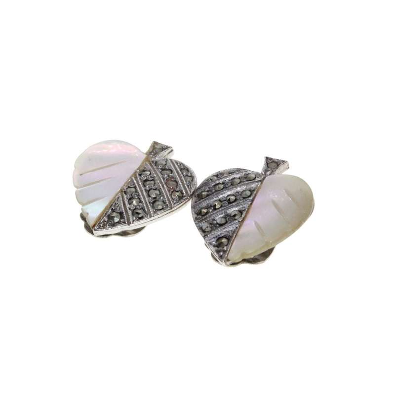 Earrings - Silver Tone Marcasite Leaf Earrings with Mother of Pearl. Clip Ons - ML3481