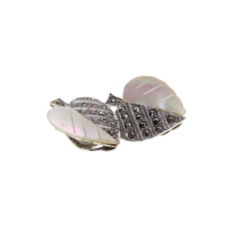 Earrings - Silver Tone Marcasite Leaf Earrings with Mother of Pearl. Clip Ons - ML3481
