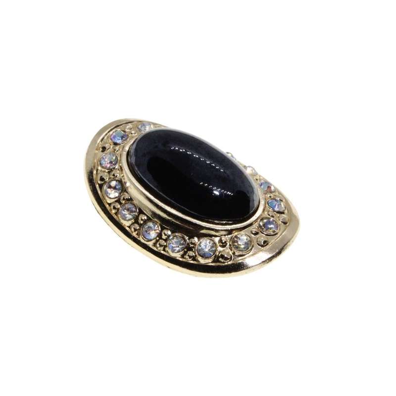 Brooch - Gold Tone Fashion Oval Brooch with Large Black Centre. Small surrounding Diamantes - ML3495