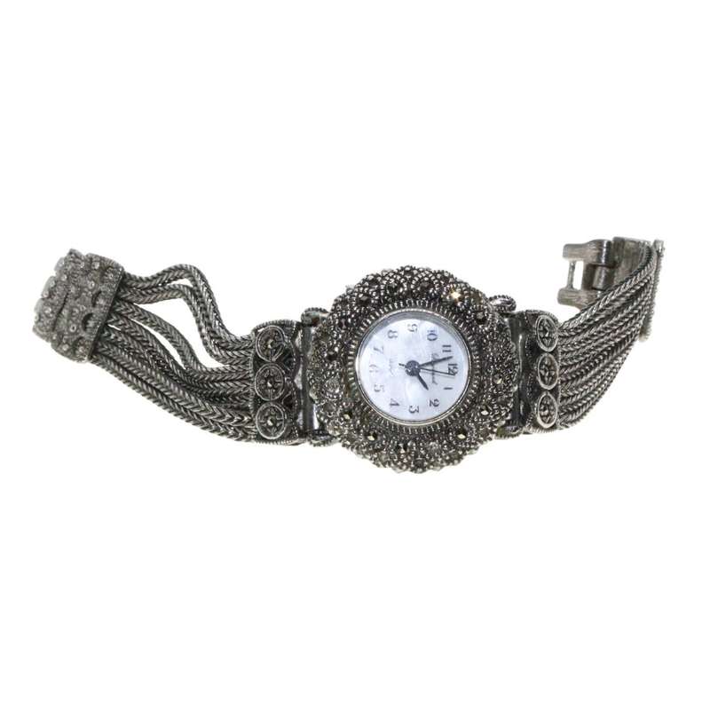 Watch - Vintage Silver Tone Marcasite Mesh Band. Round Face - ML3499