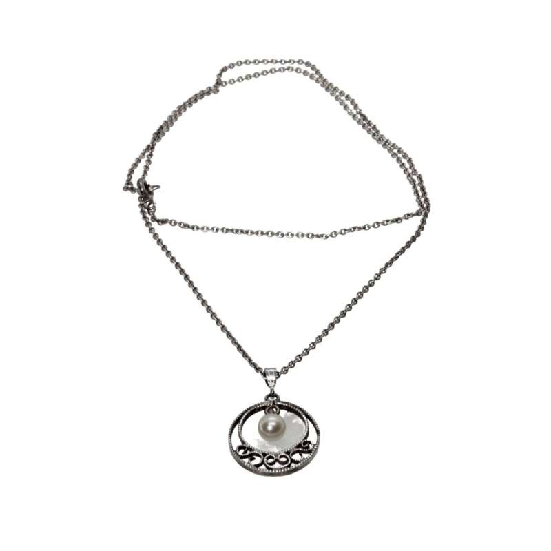 Pendant - Silver with Chain. Open Circle Pendant with Hanging Pearl - ML3505