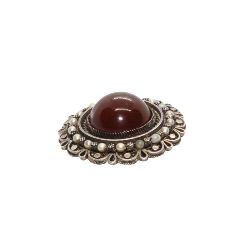 Pendant/Brooch-Israel 935 Silver Faux Pearls Jasper Stone.Filigree. (Pin slightly bent) - ML3511