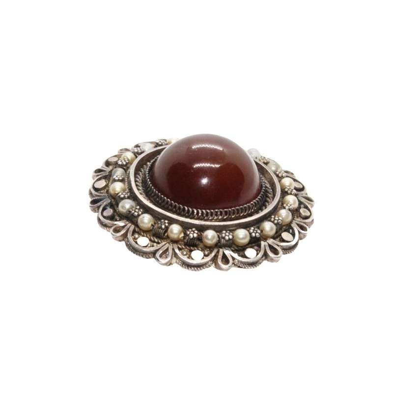 Pendant/Brooch-Israel 935 Silver Faux Pearls Jasper Stone.Filigree. (Pin slightly bent) - ML3511