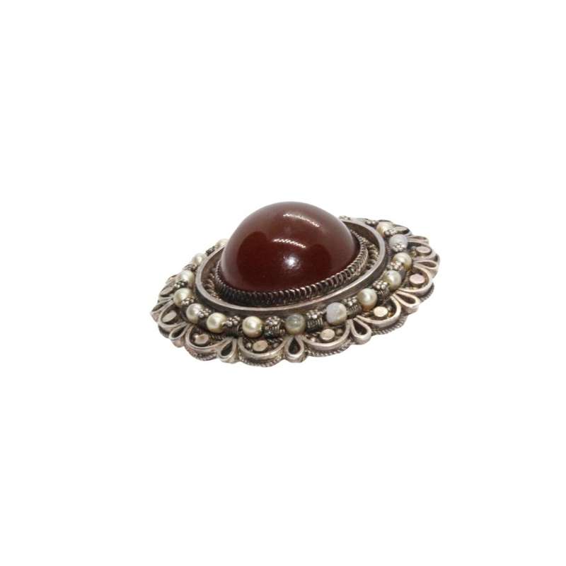 Pendant/Brooch-Israel 935 Silver Faux Pearls Jasper Stone.Filigree. (Pin slightly bent) - ML3511