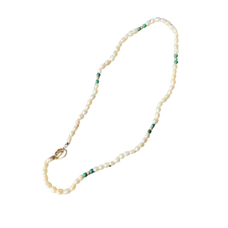 Necklace- Gold Tone Faux Pearl Clasp. White Fresh Water Pearls with Malachite Beaded Necklace - M...
