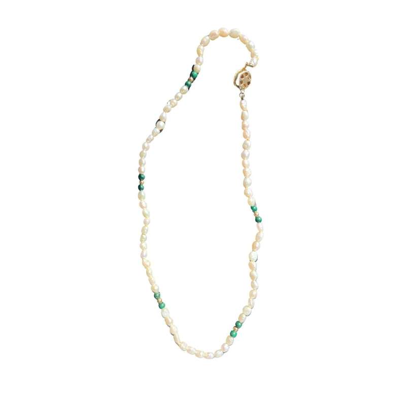 Necklace- Gold Tone Faux Pearl Clasp. White Fresh Water Pearls with Malachite Beaded Necklace - M...