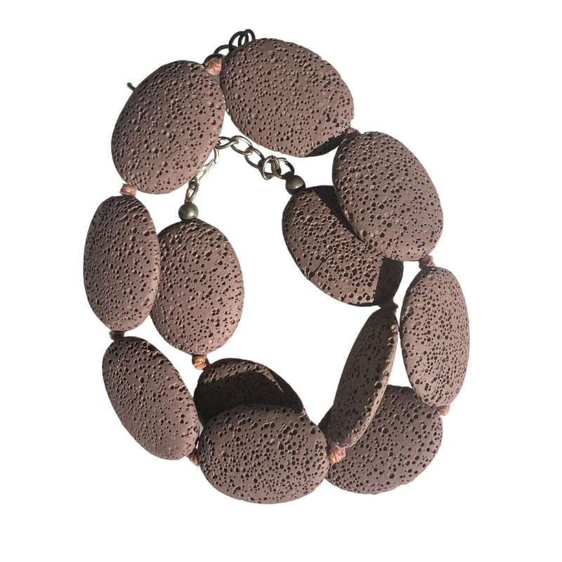 Necklace - Silver Tone Clasp Oval Shape Lava Stone - ML3571