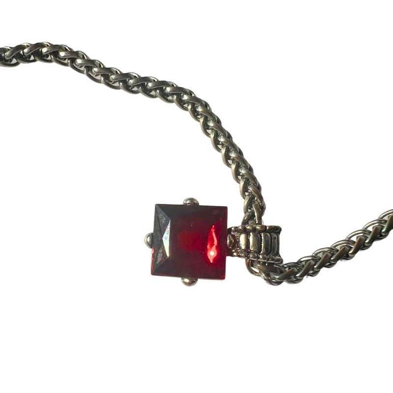 Necklace -  Vintage Silver Tone Wheat Style Chain with Red Square Faceted Glass Pendant - ML3573