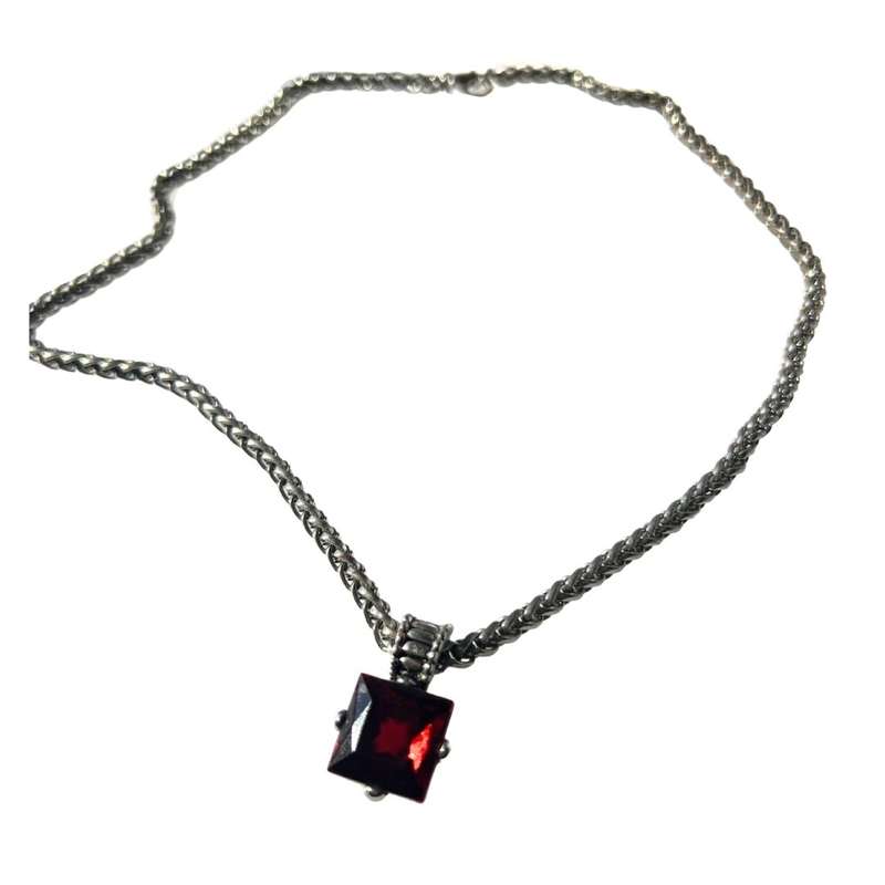 Necklace -  Vintage Silver Tone Wheat Style Chain with Red Square Faceted Glass Pendant - ML3573