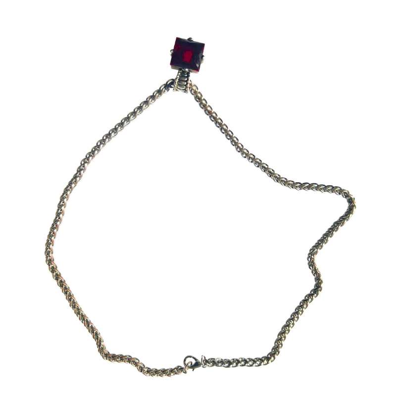 Necklace -  Vintage Silver Tone Wheat Style Chain with Red Square Faceted Glass Pendant - ML3573