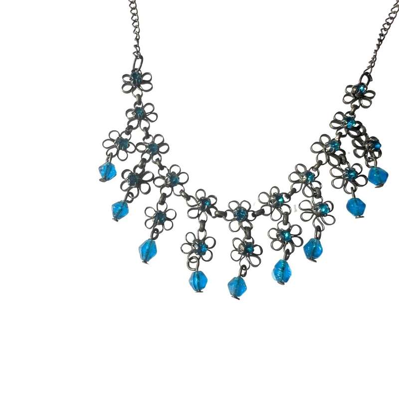 Necklace - Vintage Necklace with little blue flowers and Hanging Beads on Rustic Chain - ML3575