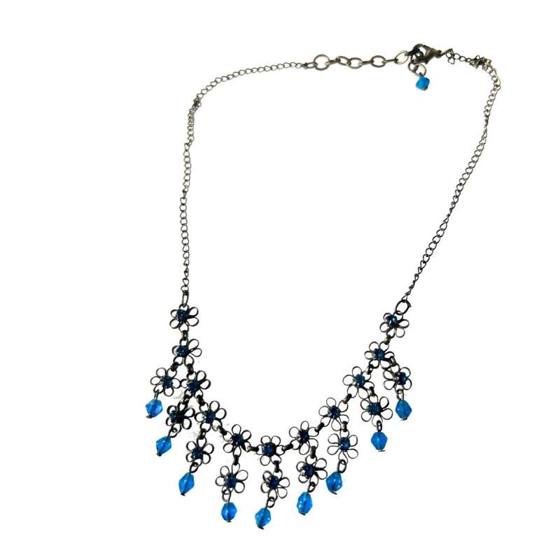 Necklace - Vintage Necklace with little blue flowers and Hanging Beads on Rustic Chain - ML3575