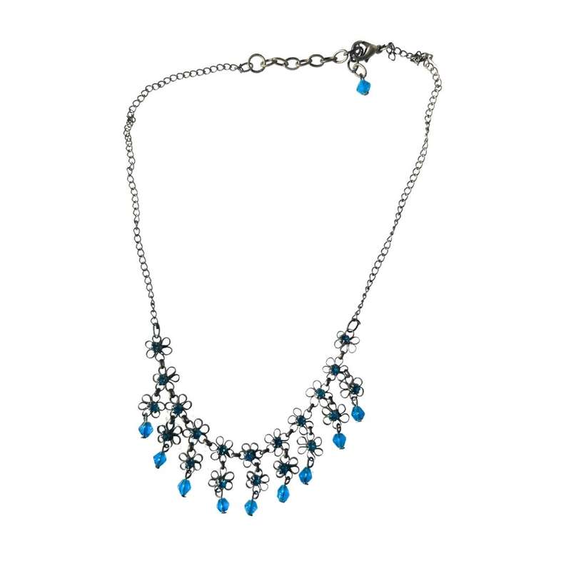 Necklace - Vintage Necklace with little blue flowers and Hanging Beads on Rustic Chain - ML3575