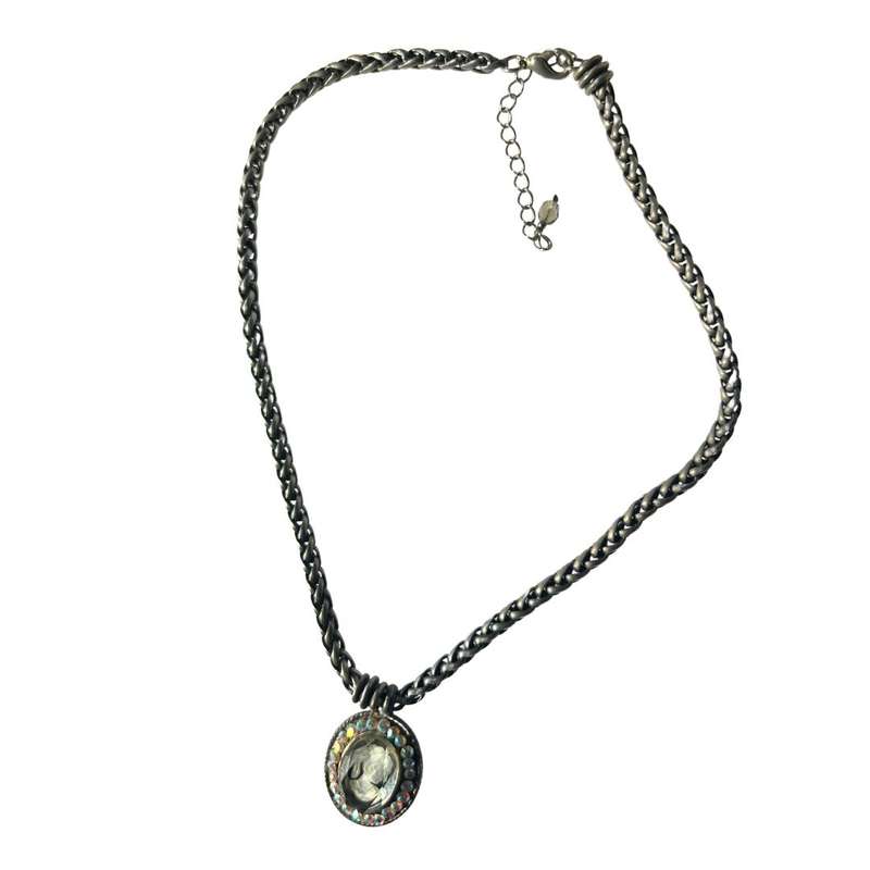 Necklace - Vintage Silver Tone Chain. Oval lucite Cameo Pendant surrounded by Rhinestones - ML3576