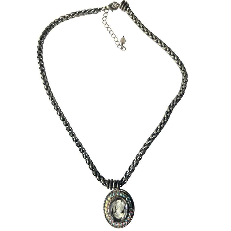 Necklace - Vintage Silver Tone Chain. Oval lucite Cameo Pendant surrounded by Rhinestones - ML3576